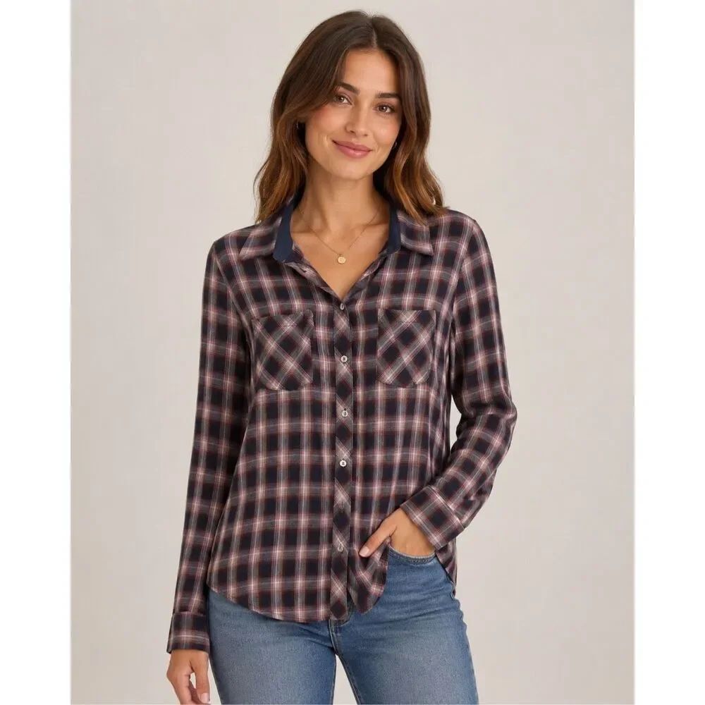 Kut From The Kloth Women’s Large Plaid Button-Up Shirt Long Sleeve Cotton #900